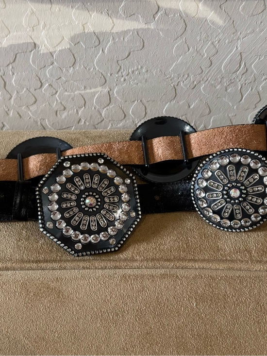 Tony Lama Accessories - Tony Lama Leather Embellished Black Belt with Encrusted Crystal Medallions